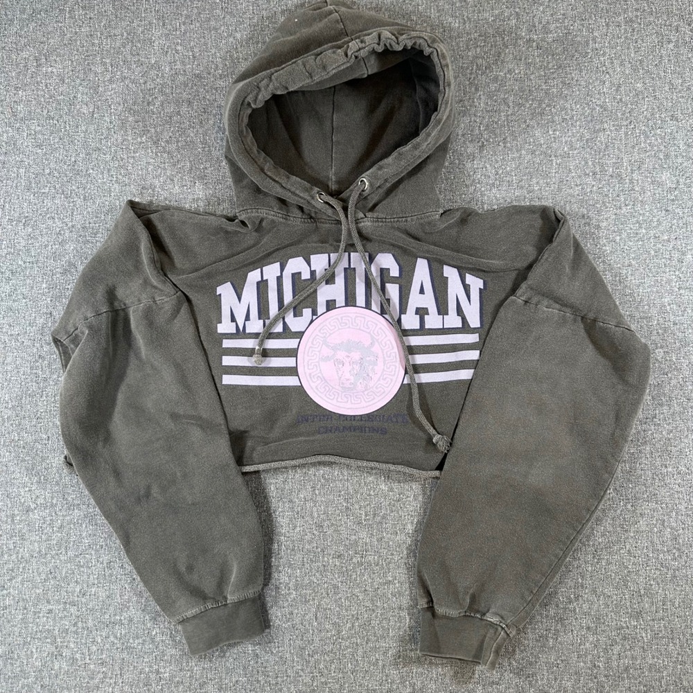Missguided Hoodie Womens 4 Cropped Michigan Graphic Charcoal Grey Raw Hem